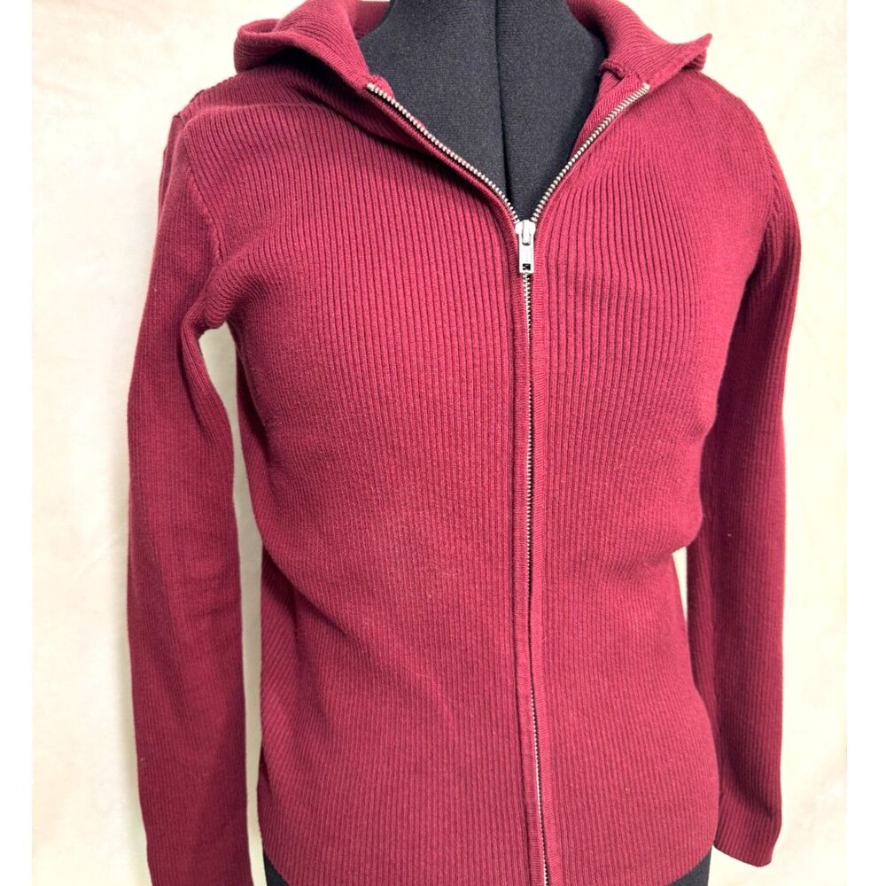 Brandy Melville Women's Burgundy double zip up sweater with hoodie One Size